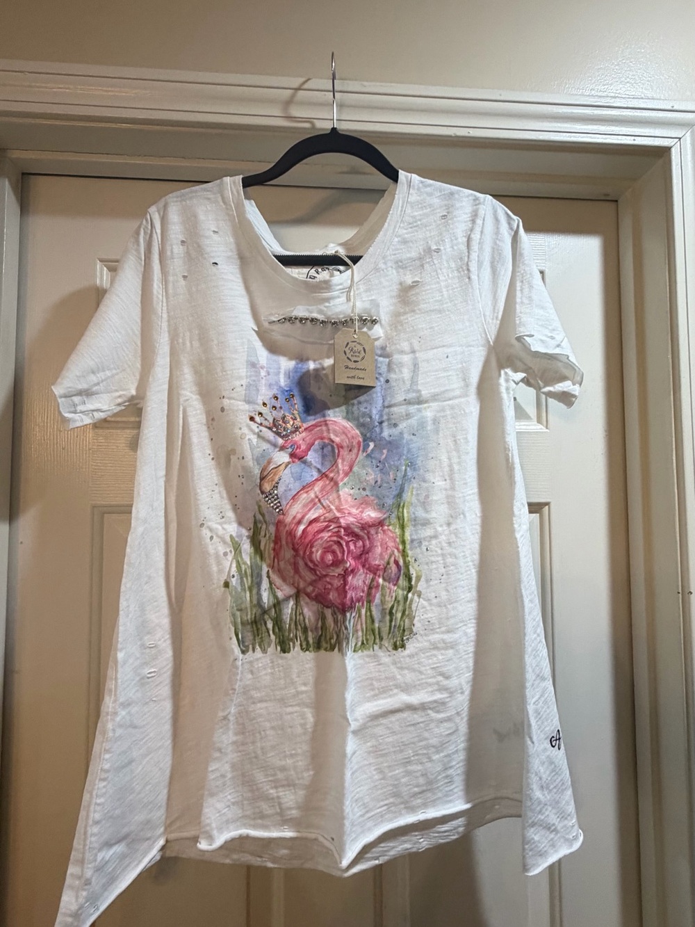 A Rare Bird White Tee with Pink Flamingo Watercolor Print NWT